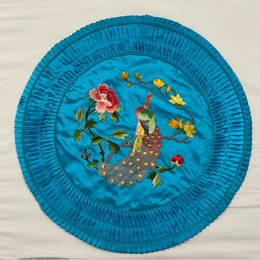 SILK Embroidered Peacock Round Cushion Cover